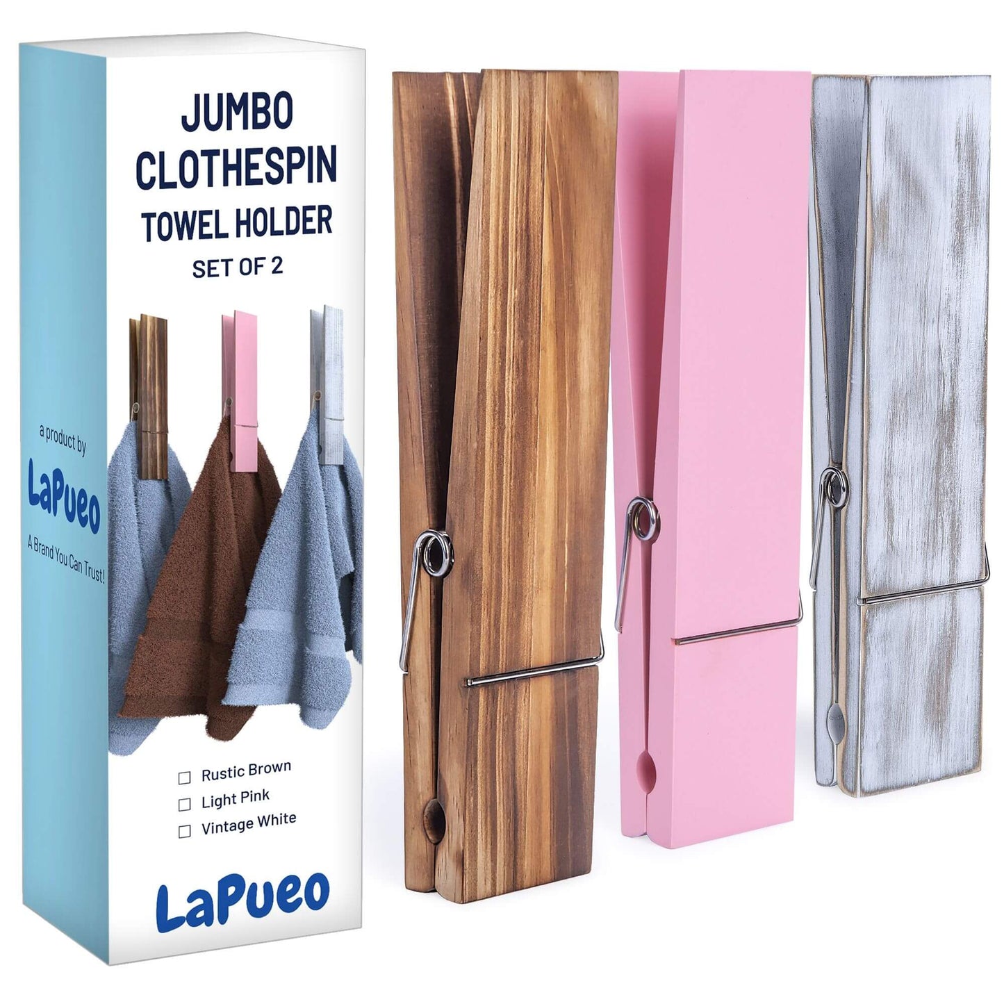 jumbo clothespin towel holders in 3 colors, pink, vintage white, rustic brown set of two lapueo towel hanger wall wood